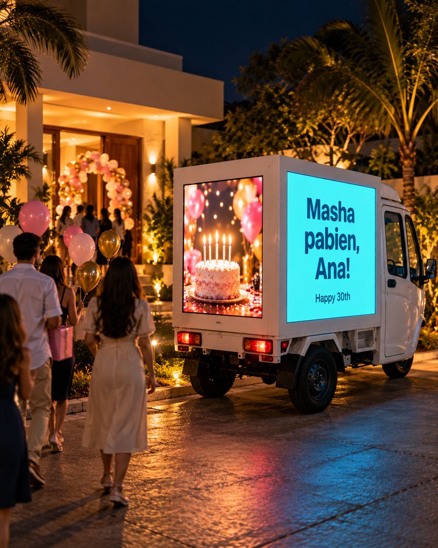 The tuk-tuk at a 30th birthday, a greeting and a cake on its screens