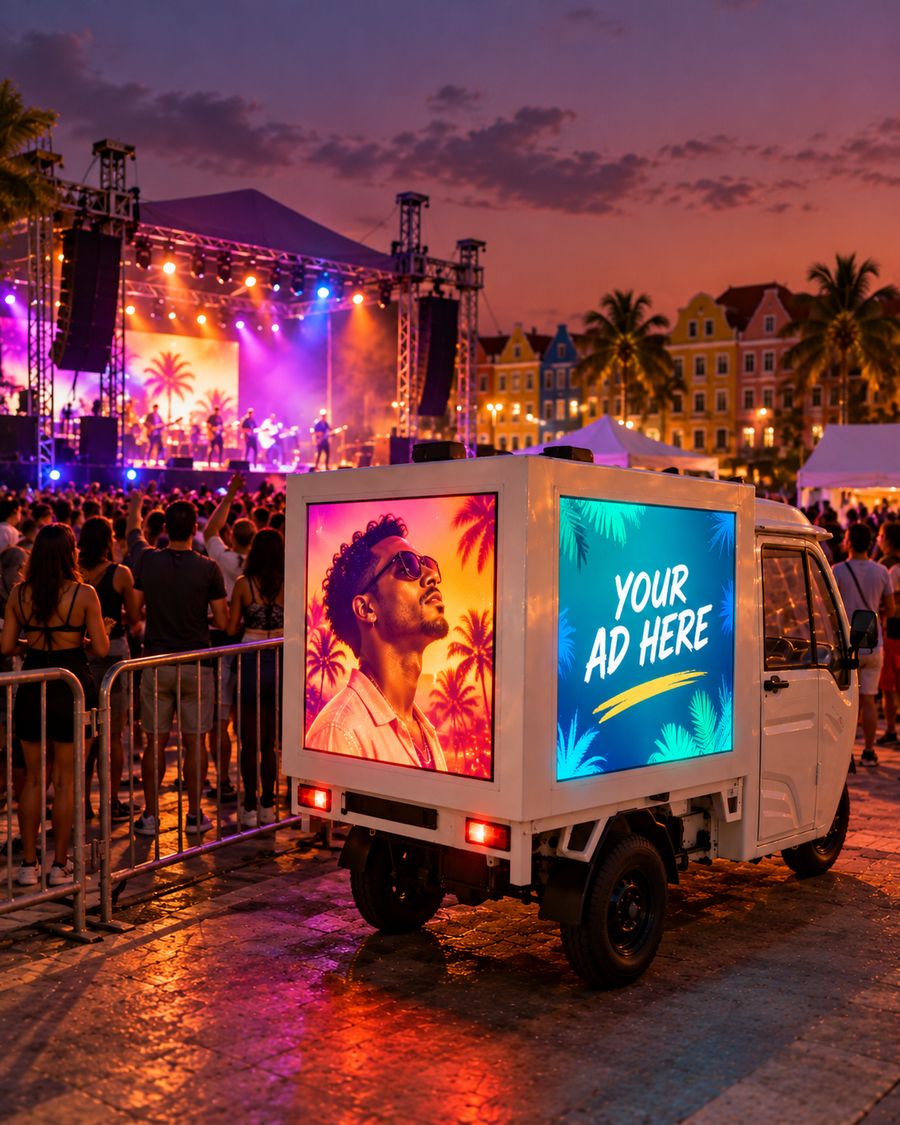 The tuk-tuk beside a concert stage, artist visuals on its screens